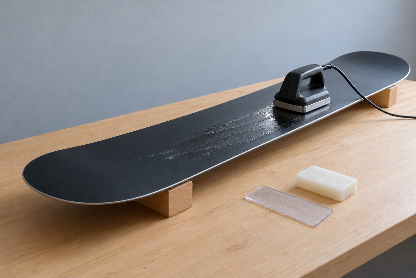 Snowboard auf zwei Holzklötzen auf der Werkbank, ein Wachseisen zieht frisches Wachs über den Belag, daneben ein Wachsblock und eine Abziehklinge