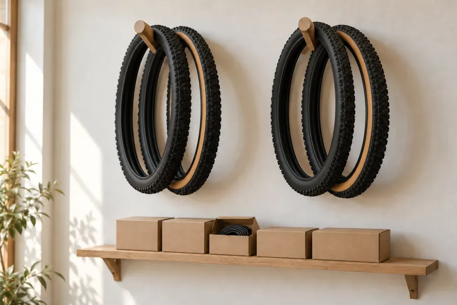 Neue Fahrradmäntel hängen an zwei Holzhaken, darunter ein Brett mit Schachteln für Schläuche